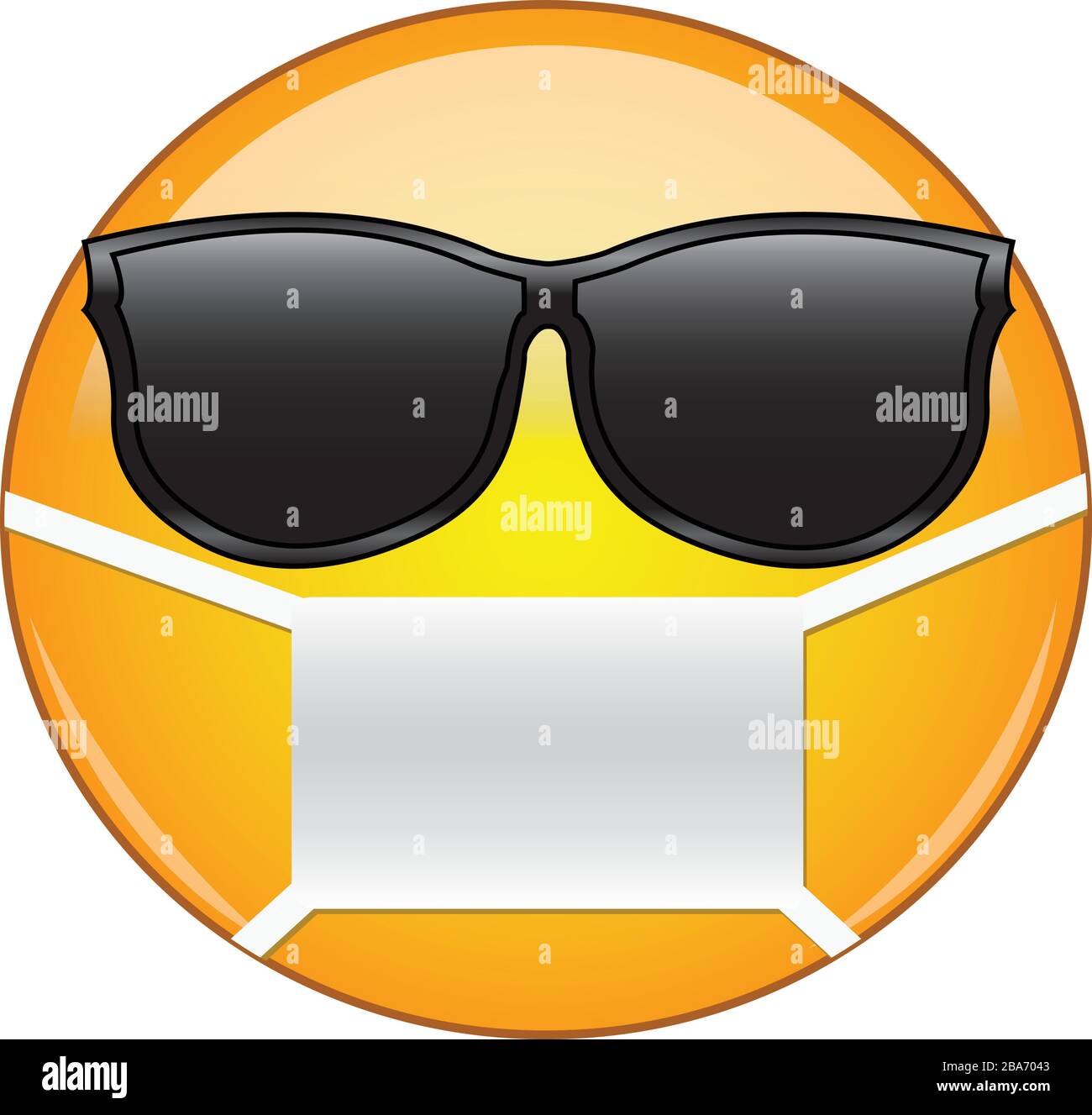 Cooles Emoticon mit Maske. Gelbes Emoji mit Sonnenbrille und Gesundheitsmaske zum Schutz vor Keimen, Viren, Luftverschmutzung und Smog. Stock Vektor