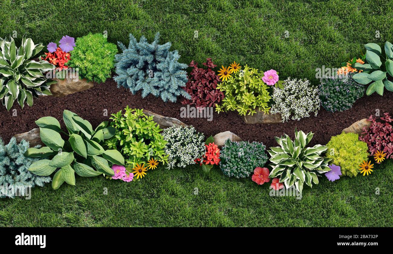 Gartenlandschaft und Landschaftsgestaltung gestalten sich als mehrjähriger Gartenrasen mit Blumenbeet und Zierpflanzen in einem dekorativen Landschaftsgarten. Stockfoto