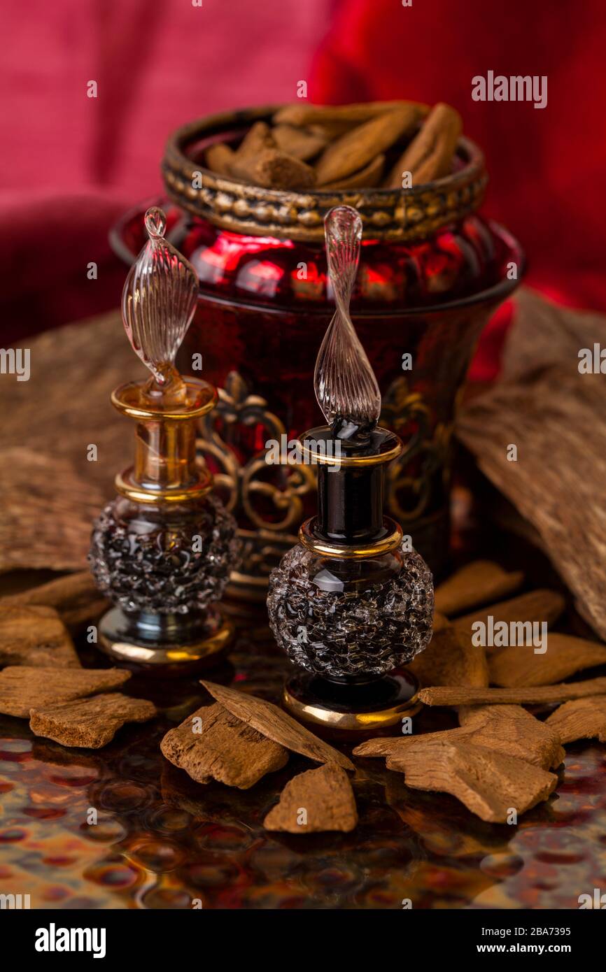 Agarwood, auch aloeswood, ätherisches Öl und Räucherwerk Chips genannt Stockfoto
