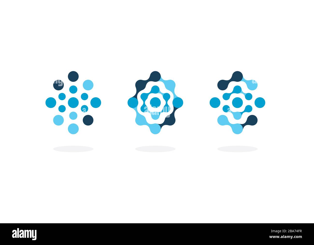Symbolsatz für abstrakte Moleküle, blaue Kreise, Vorlage für ovales Logo, flaches abstraktes Emblem. Konzept Logotyp Design für Wirtschaft, Wissenschaft, Medizin und Technik Stock Vektor