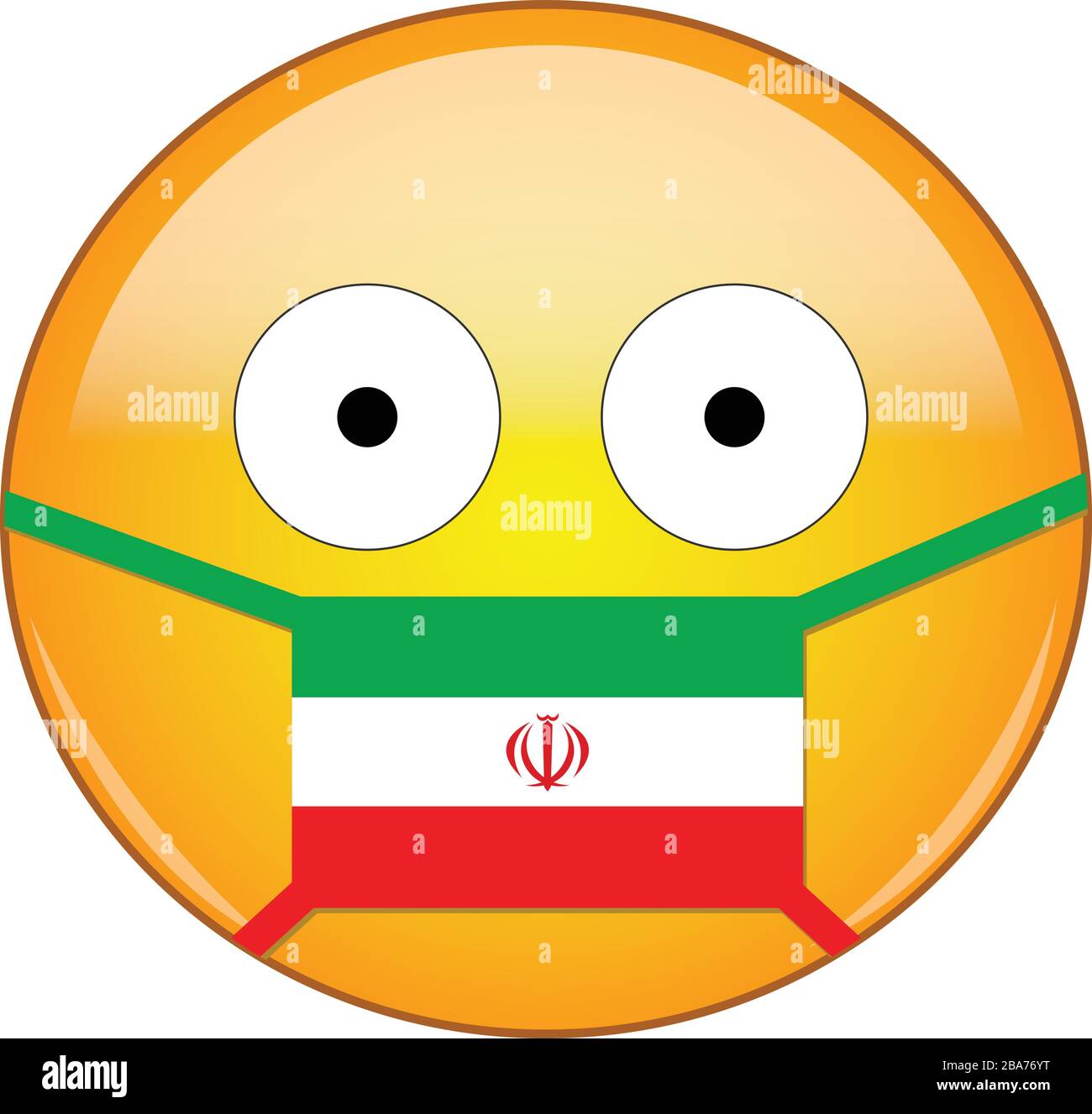 Gelb erschreckt Emoji in iranischer medizinischer Maske vor SARS, Coronavirus, Vogelgrippe und anderen Viren, Keimen und Bakterien und ansteckender Krankheit a Stock Vektor