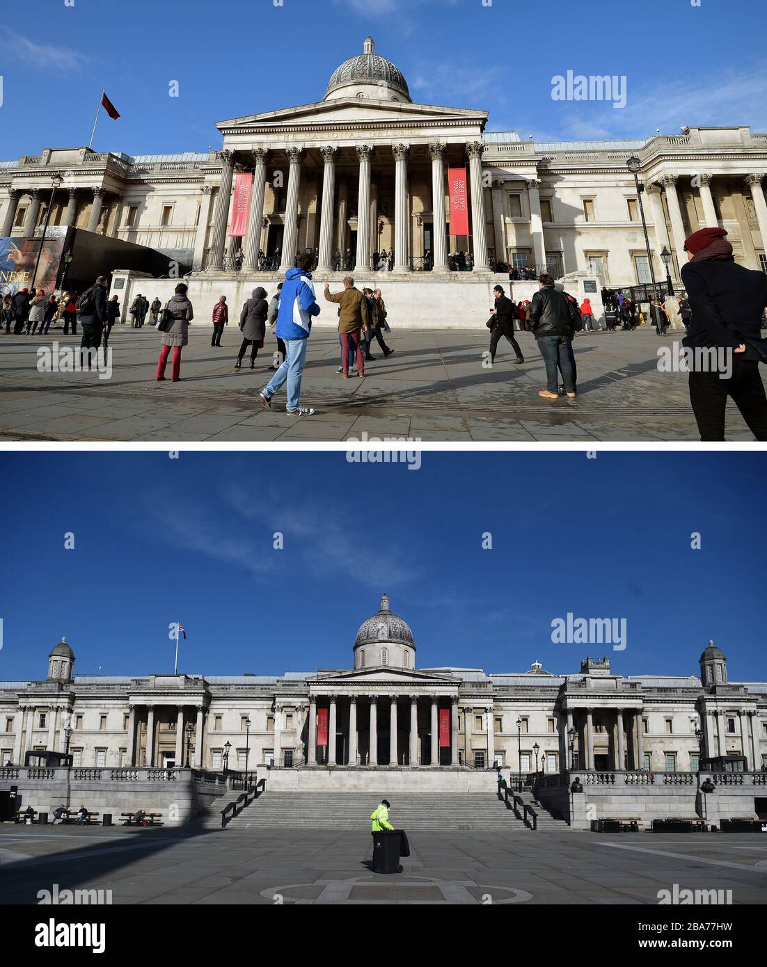 Zusammengesetzte Fotos von der Londoner National Gallery am Trafalgar Square am 28/01/14 (oben) und am Dienstag, den 24.03.20 (unten), am Tag, nachdem Premierminister Boris Johnson das Vereinigte Königreich in Sperrstellung versetzt hatte, um die Ausbreitung des Coronavirus einzudämmen. Stockfoto