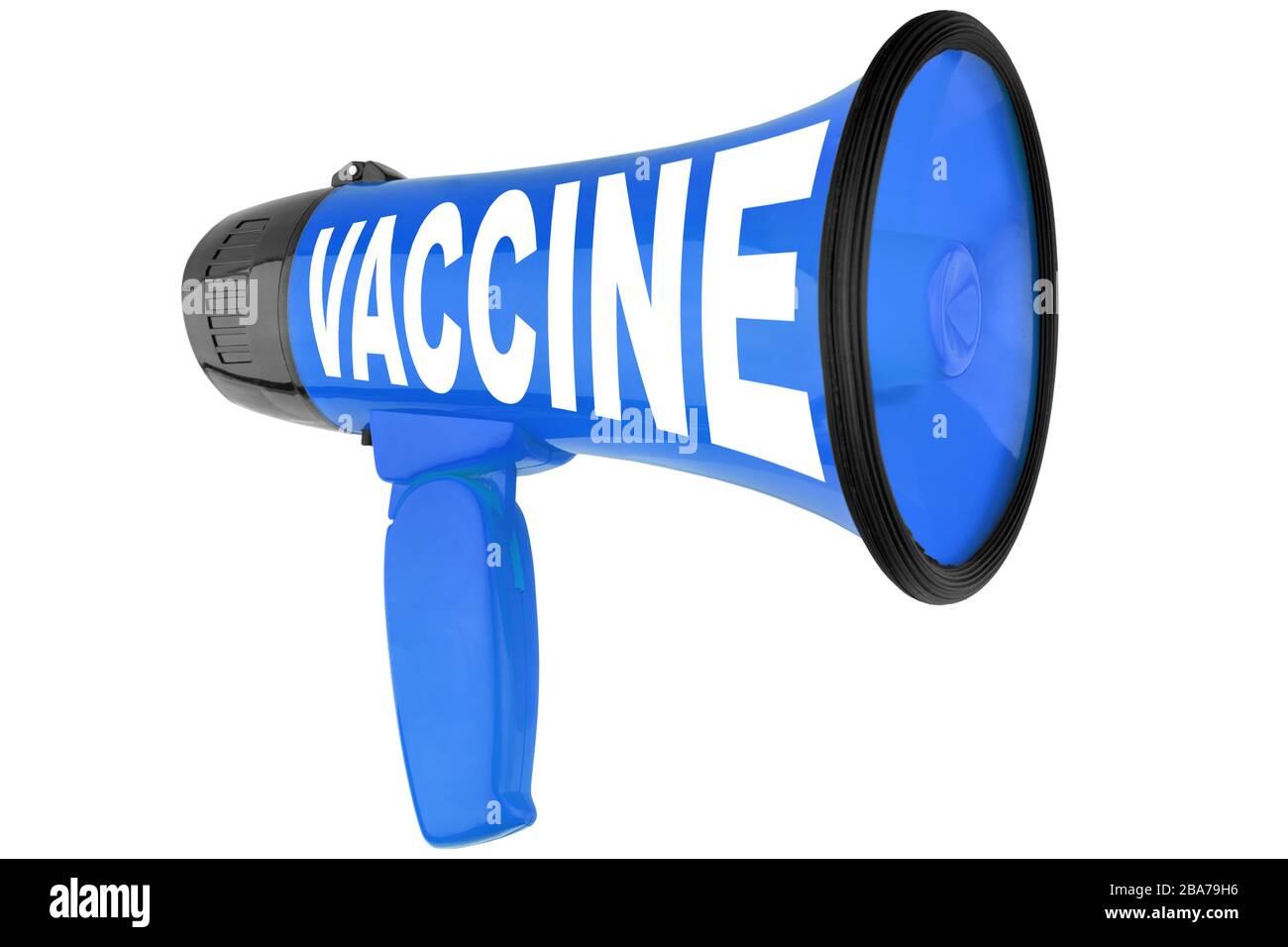 WORD-IMPFSTOFF, Megaphon-Weiß-Hintergrund isoliert, Coronavirus Immunisierung, Kovid-Behandlung 19, Symbol für Virus-Infektionsbekämpfung, Impfsymbol Stockfoto