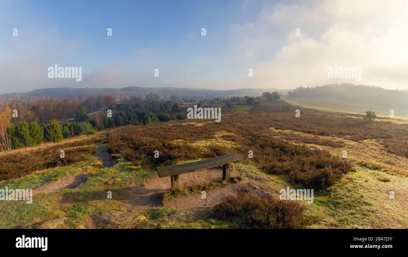 Beeindruckender Sonnenaufgang mit Nebel im Naturpark lüneburgische Heide (Naturschutzgebiet). Norddeutschlands Einsrucksvoller Sonnenaufgang mit Nebel im Naturpark Stockfoto