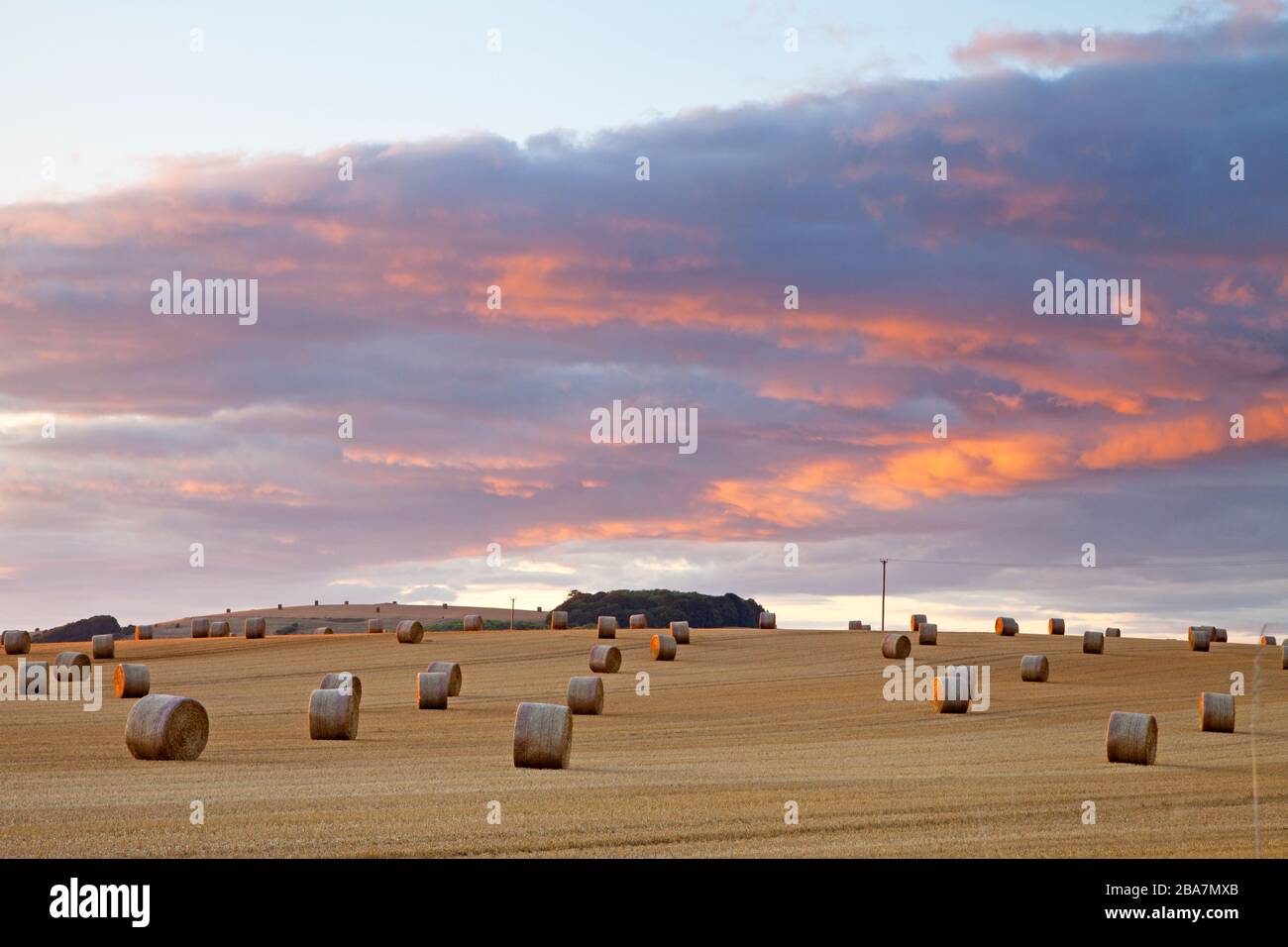 Strohballen bei Sonnenuntergang in der Nähe des Dorfes Tytherington im Wylye Valley in Wiltshire. Stockfoto