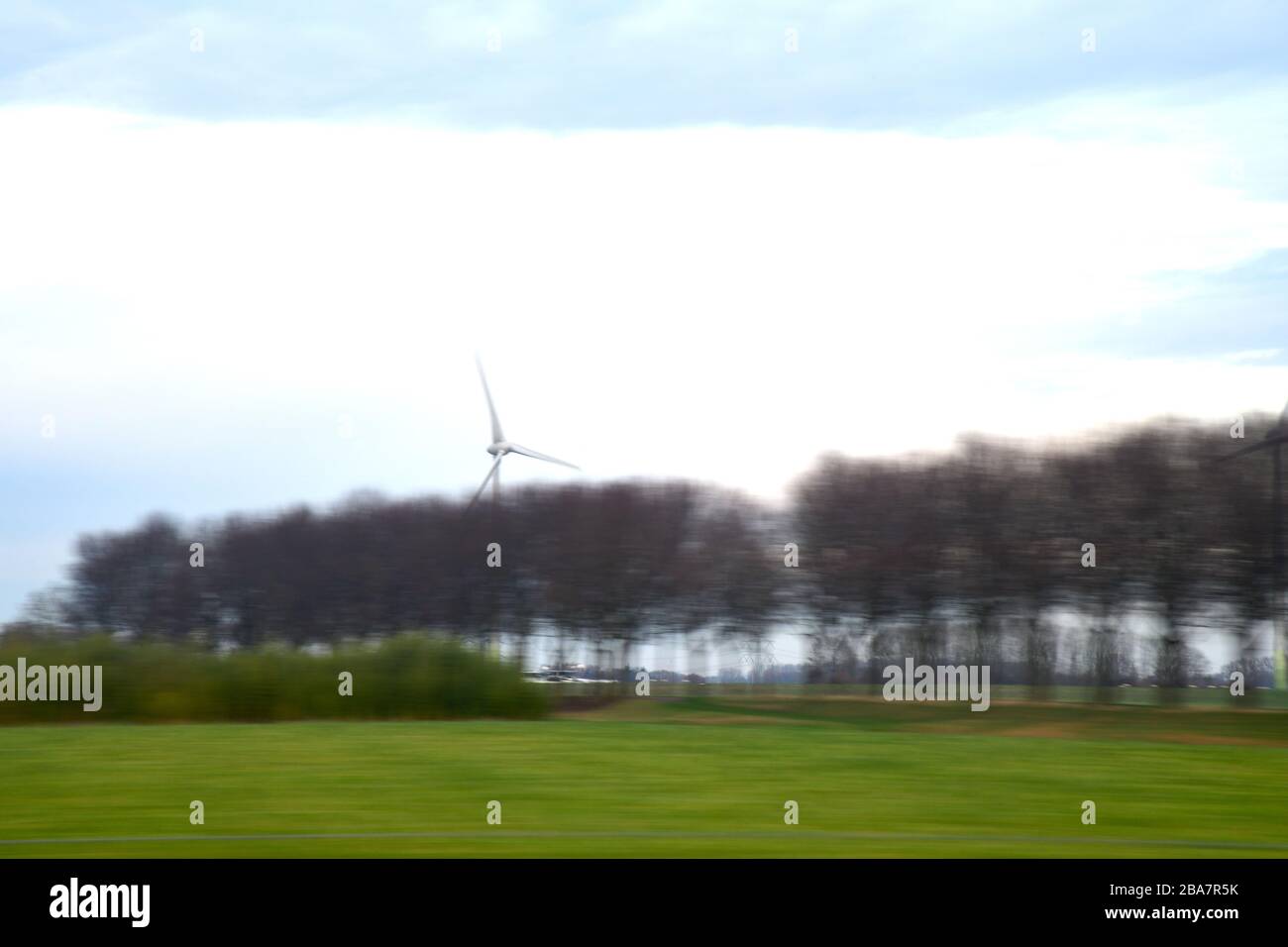 Verschwommene Agrarlandschaft; aus dem Hochgeschwindigkeitszug mit schön aneinander gereihten Baumreihen mit Bewegungsunschärfe, die eine abstrakte etwas finstere Form verleihen Stockfoto