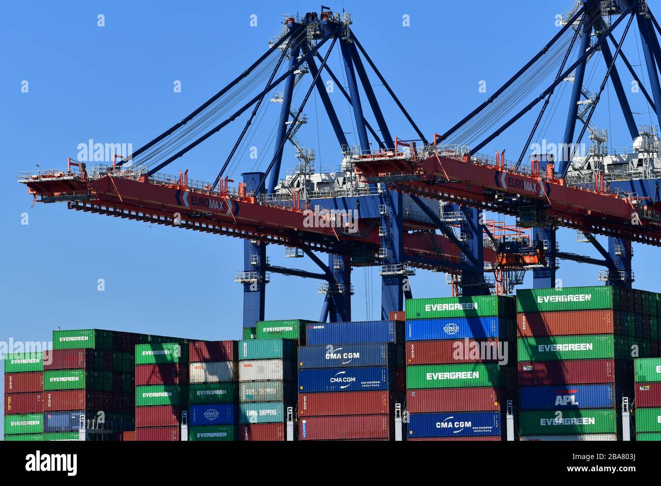 Rotterdam, Niederlande - August 2019; Tiefwinkelansicht des Abschnitts des Containerschiffs, Umgang mit "von Land zu Land" im Terminal mit Gantry-Kränen RI Stockfoto