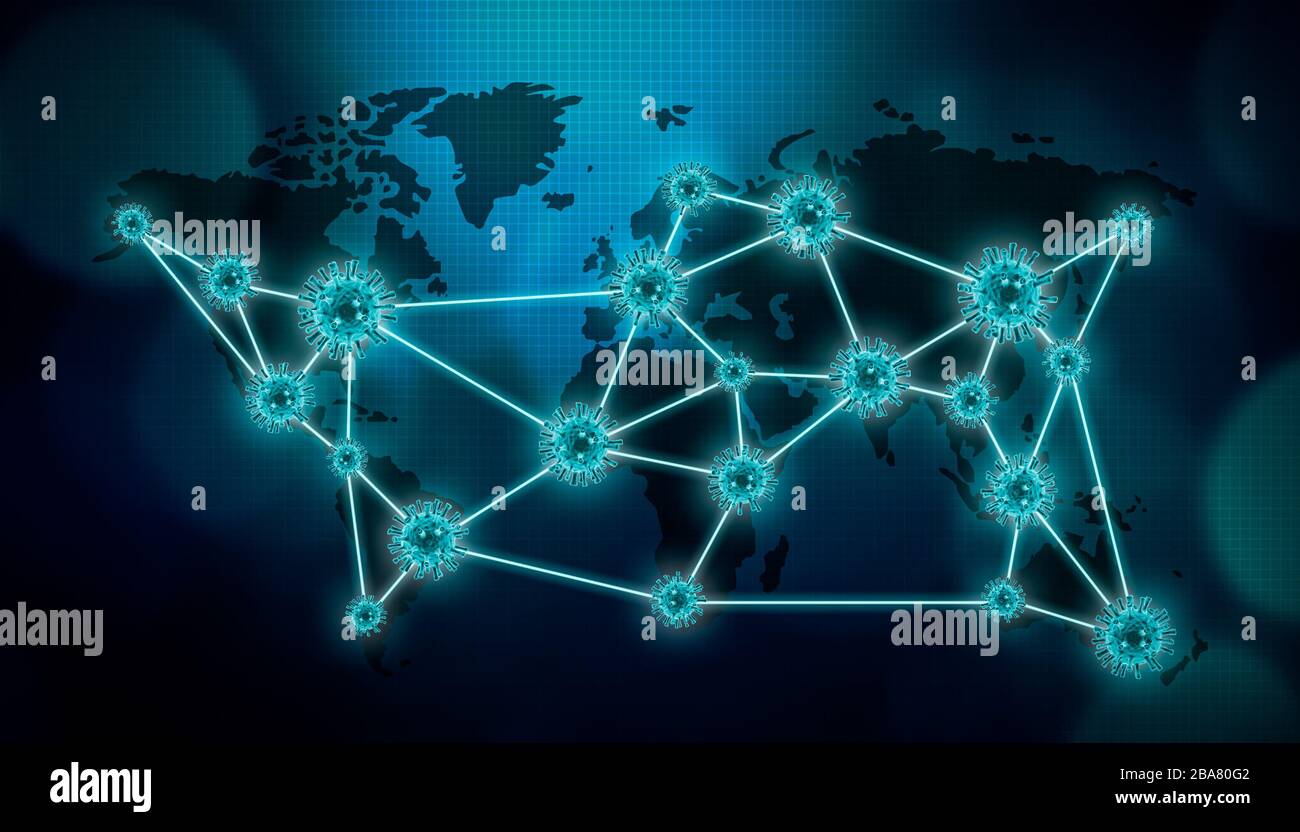 3D-Rendering-Illustration für globale generische Virus-Pandemie. Virale oder übertragbare Krankheiten verbreiten sich weltweit. Stockfoto