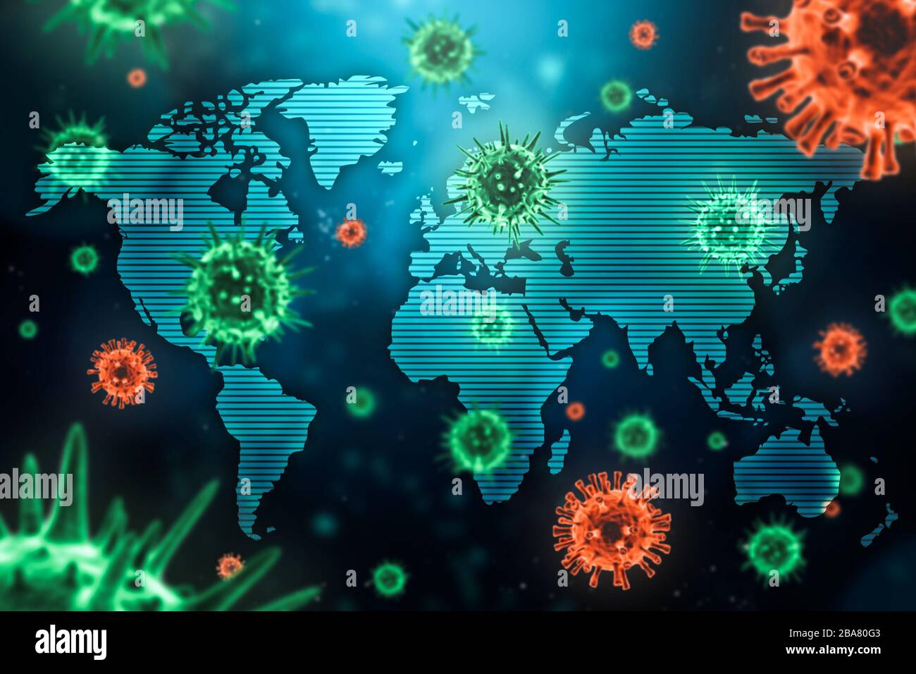 Virale Epidemie oder Pandemie, die sich mit mikroskopischen Viruszellen und der Weltkarte weltweit ausbreitet. Medizinische, medizinische, globale Ansteckung an Stockfoto