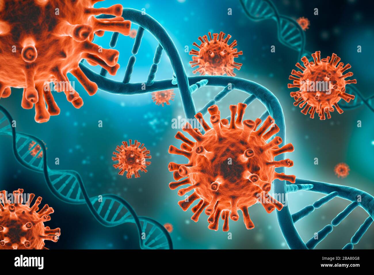 Mikroskopisch kleine rote Viruszellen und DNA-Stränge auf blaugrünem Hintergrund 3D-Darstellung. Mikrobiologie, Virologie, Medizin, Epidemiologie, Biol Stockfoto