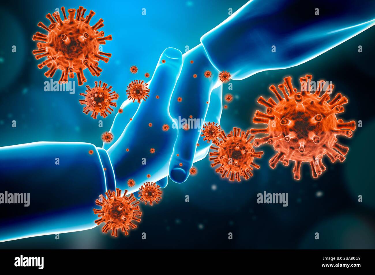 Das Händeschütteln verbreitet das Virus-Konzept. Epidemie, Pandemie, Hygiene, virale und ansteckende und ansteckende übertragbare Krankheiten konzeptuelle 3D-Erkrankung, die krank wird Stockfoto