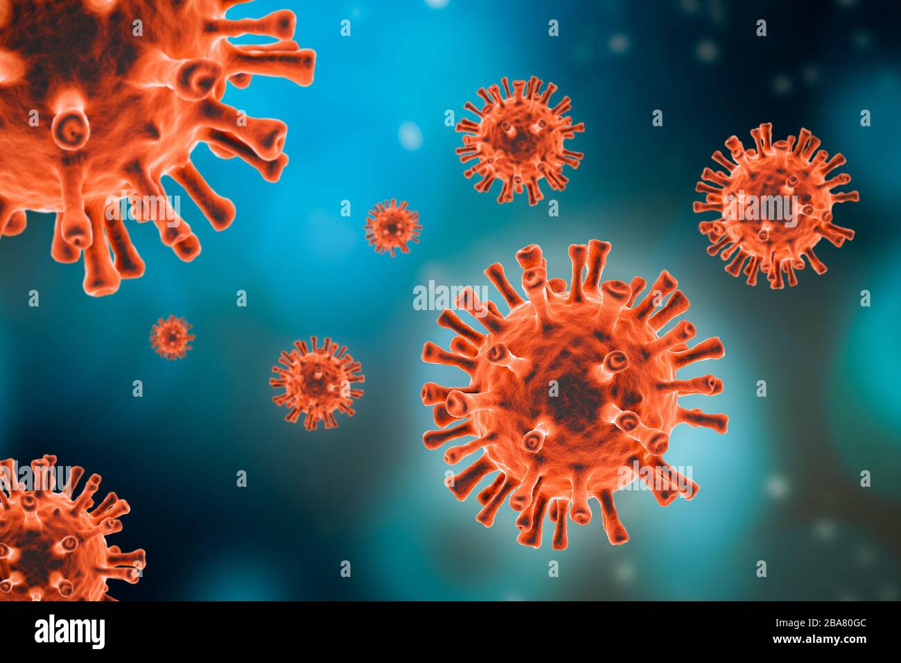 Generische rote Viruszelle auf blauem Hintergrund. Mikrobiologie, Virologie, Epidemiologie, Medizin Wissenschaft 3d Rendering Illustration Konzepte. Stockfoto