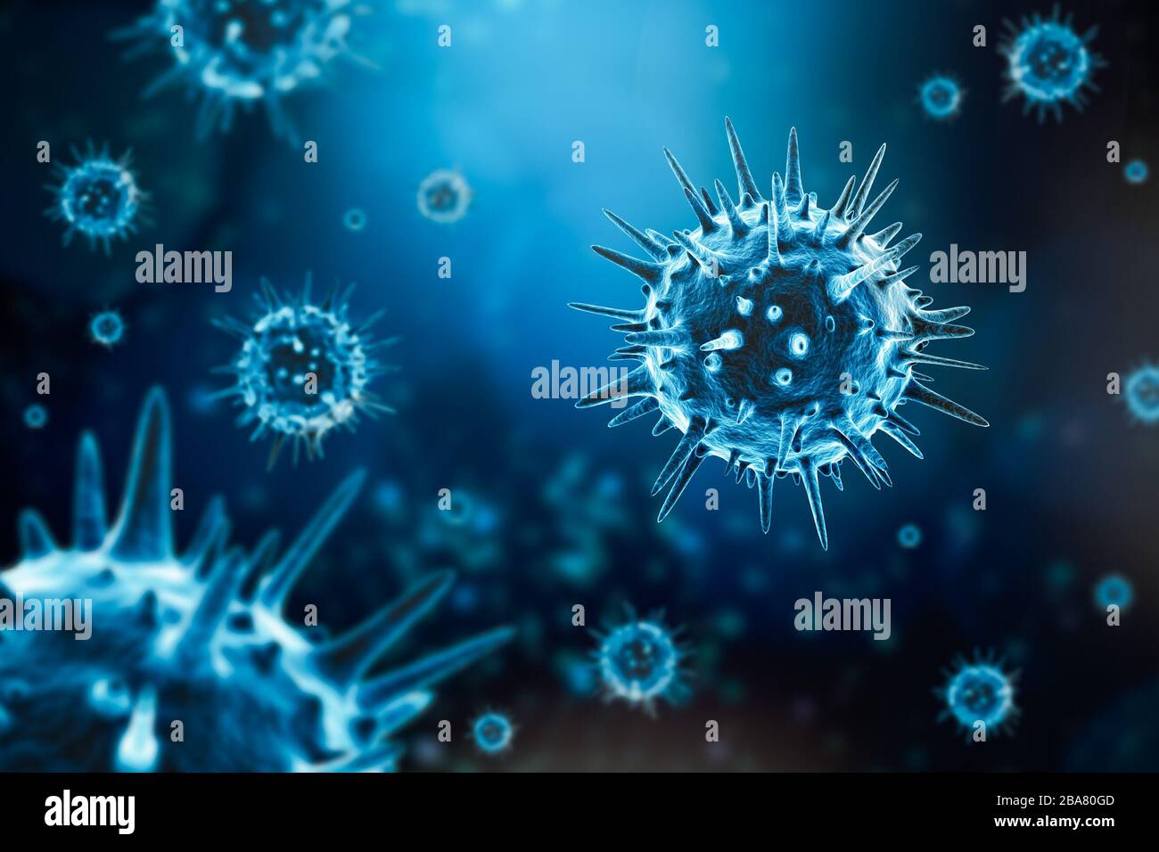 Mikroskopisch kleine, generische Viruzelle 3D-Darstellung auf blauem Hintergrund. Mikrobiologie, Ansteckung, Infektion, Epidemie, Coronavirus, Medizin, PA Stockfoto
