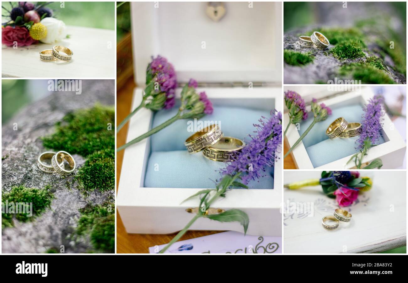 Hochzeit Details Collage - Ringe, Blumen und Blumensträuße Stockfoto