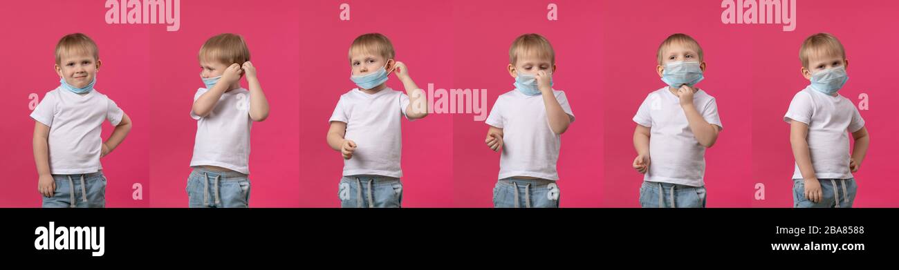 Eine Schritt-für-Schritt-Anleitung, wie man eine medizinische Maske zum Schutz vor Coronavirus aufsetzt, zeigt 6 Schritte einen blonden Babyjungen im Studio, der auf einem rosafarbenen Hinterteil schießt Stockfoto
