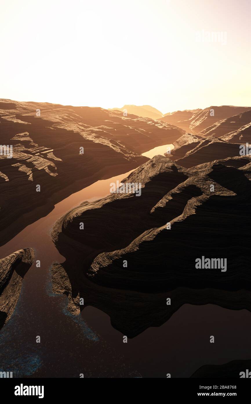 Luftaufnahme eines Canyons mit einer 3D-Bildvorlage für die natürliche Entwässerung des Basin Lake Stockfoto
