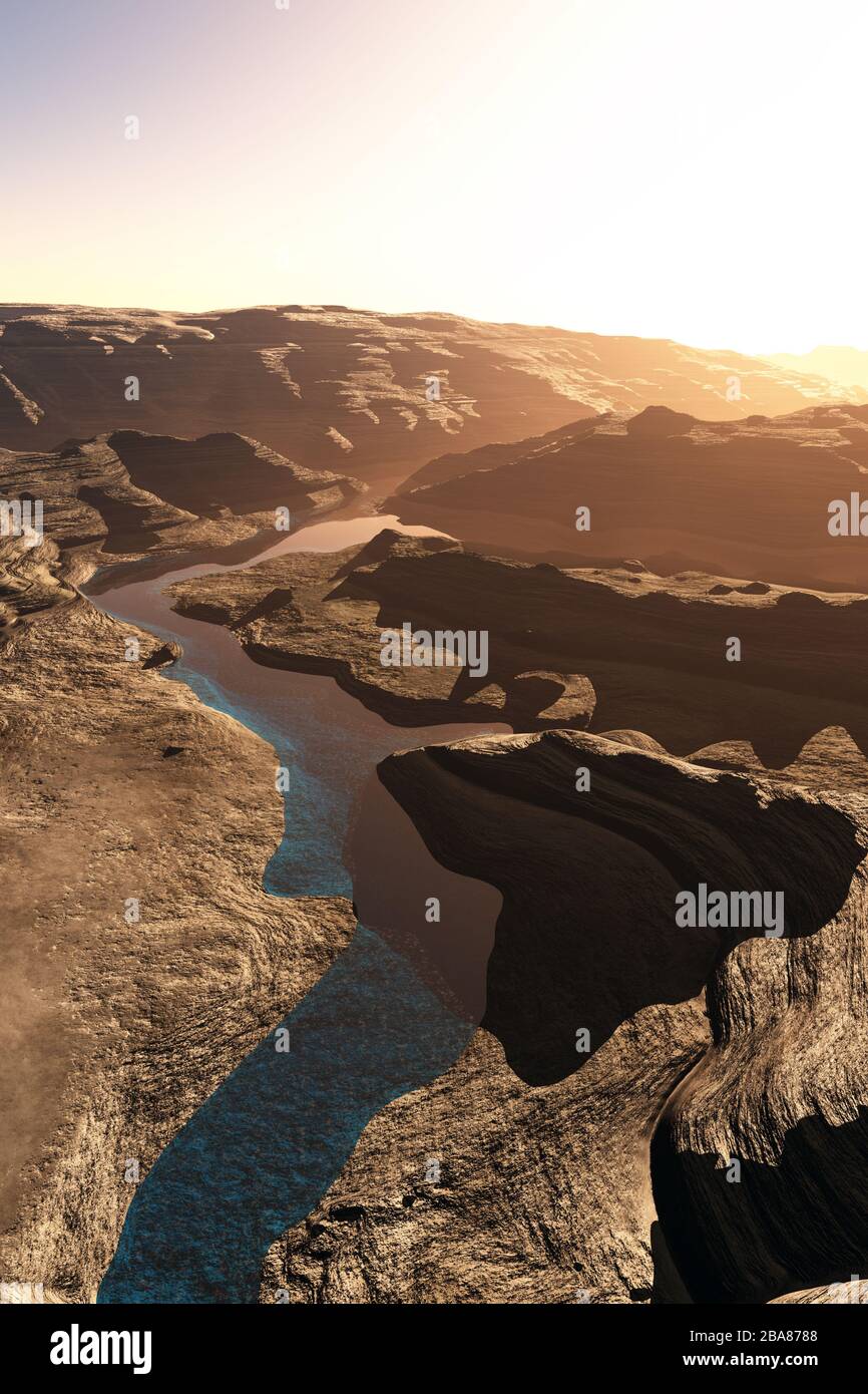 Luftaufnahme eines Canyons mit einer 3D-Bildvorlage für die natürliche Entwässerung des Basin Lake Stockfoto