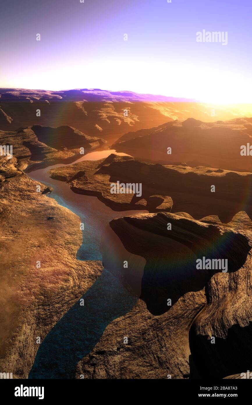 Luftaufnahme eines Canyons mit einer 3D-Bildvorlage für die natürliche Entwässerung des Basin Lake Stockfoto