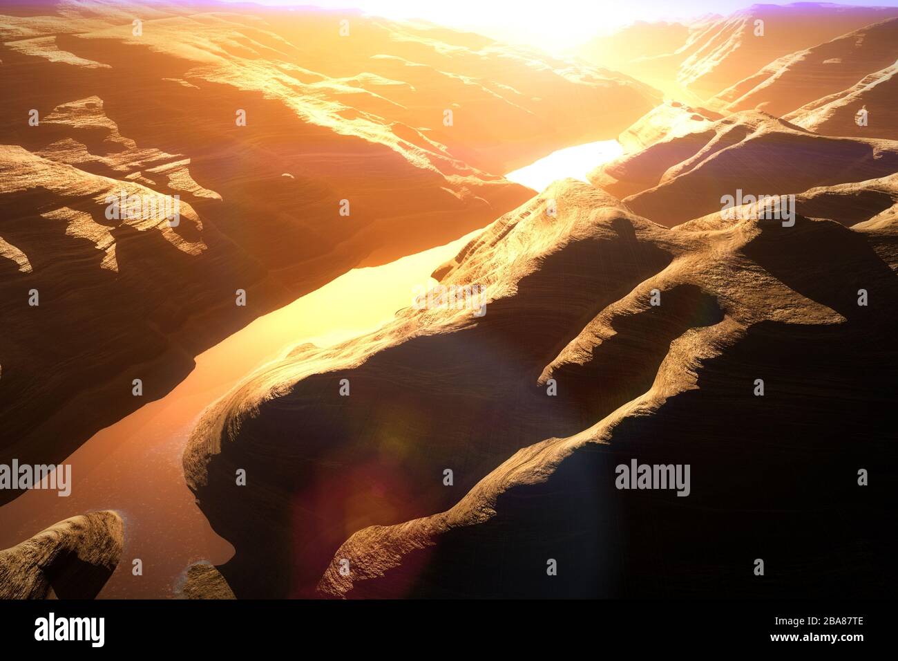 Luftaufnahme eines Canyons mit einer 3D-Bildvorlage für die natürliche Entwässerung des Basin Lake Stockfoto