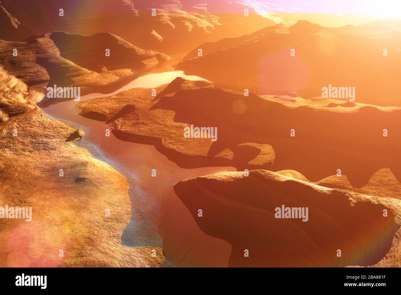 Luftaufnahme eines Canyons mit einer 3D-Bildvorlage für die natürliche Entwässerung des Basin Lake Stockfoto