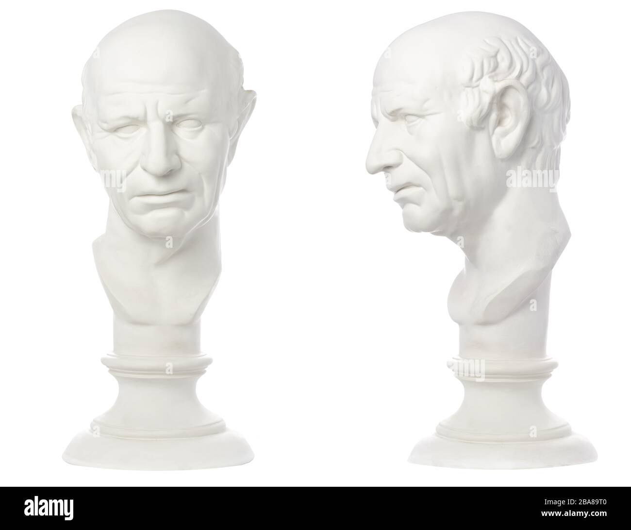 Alter Mann Skulptur Vollgesicht Profil weißer Hintergrund Stockfoto