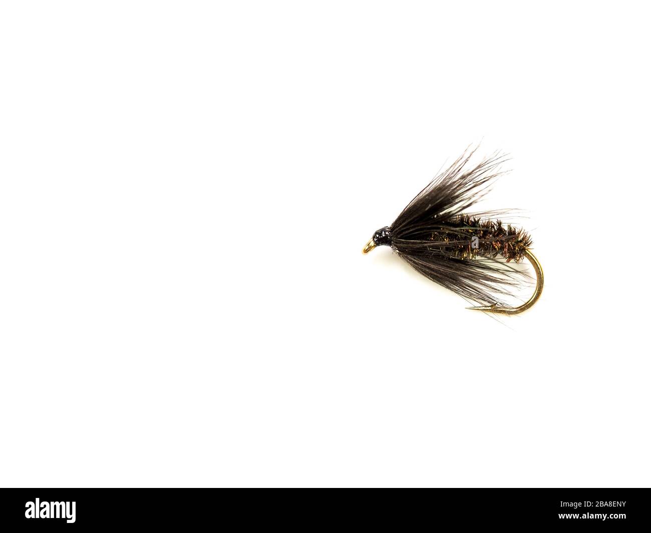 Traditionelle Fliegen mit nassen Fliegen für Forellen-, Schwarz- und Pfauenspinne Stockfoto