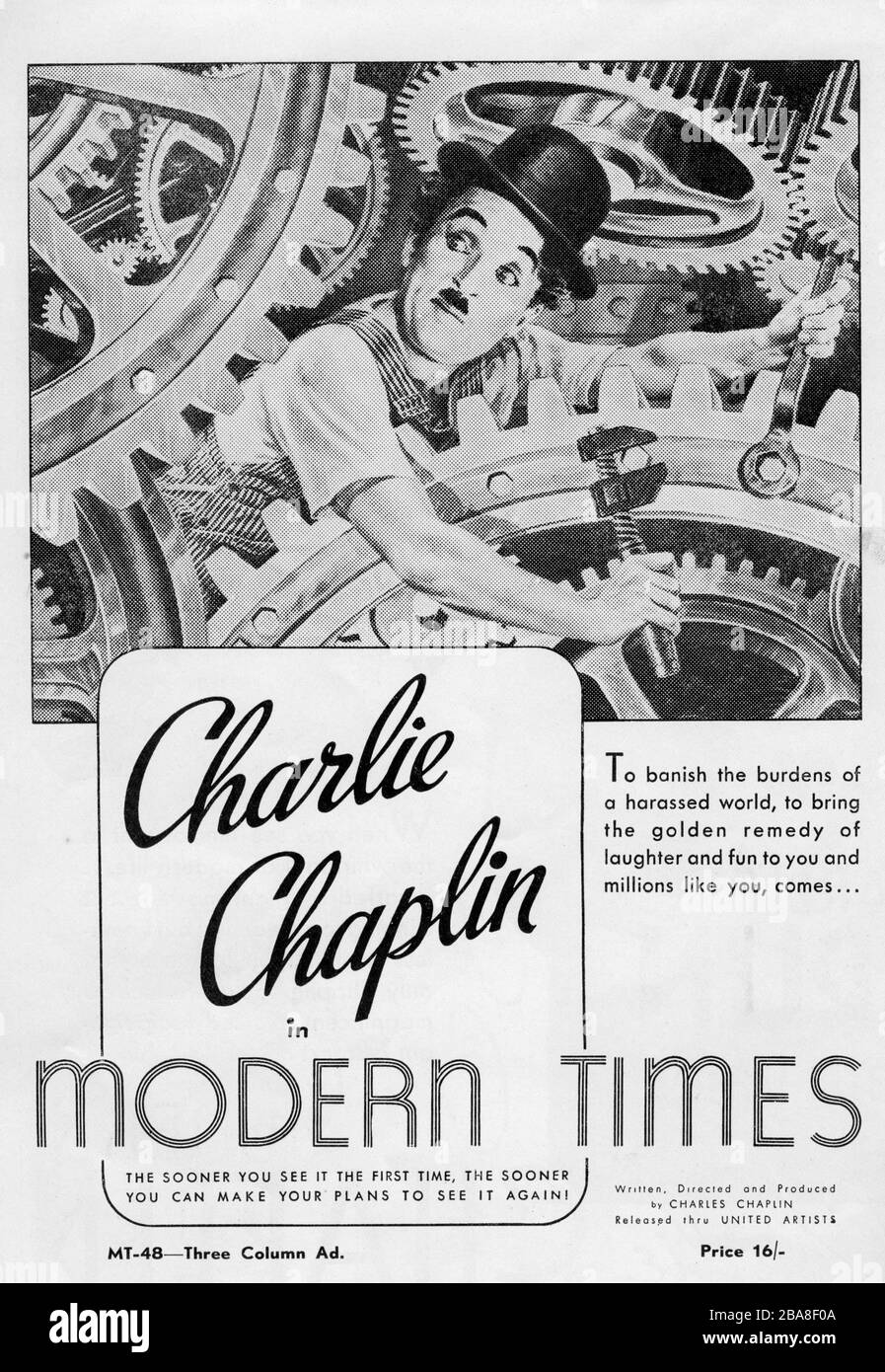 CHARLIE CHAPLIN als Tramp in DER MODERNE 1936 Regisseur/Produzent/Schriftsteller/Musik CHARLES CHAPLIN Stummfilm mit Soundeffekten Charles Chaplin Productions/United Artists Stockfoto