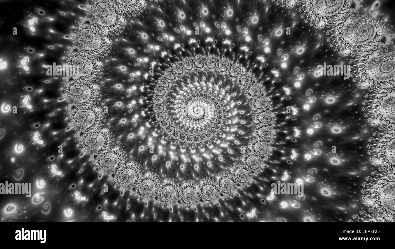 Quantum Fraktal Spiral Schwarzweiß-Effekt, computergeneriertes Rendern Stockfoto