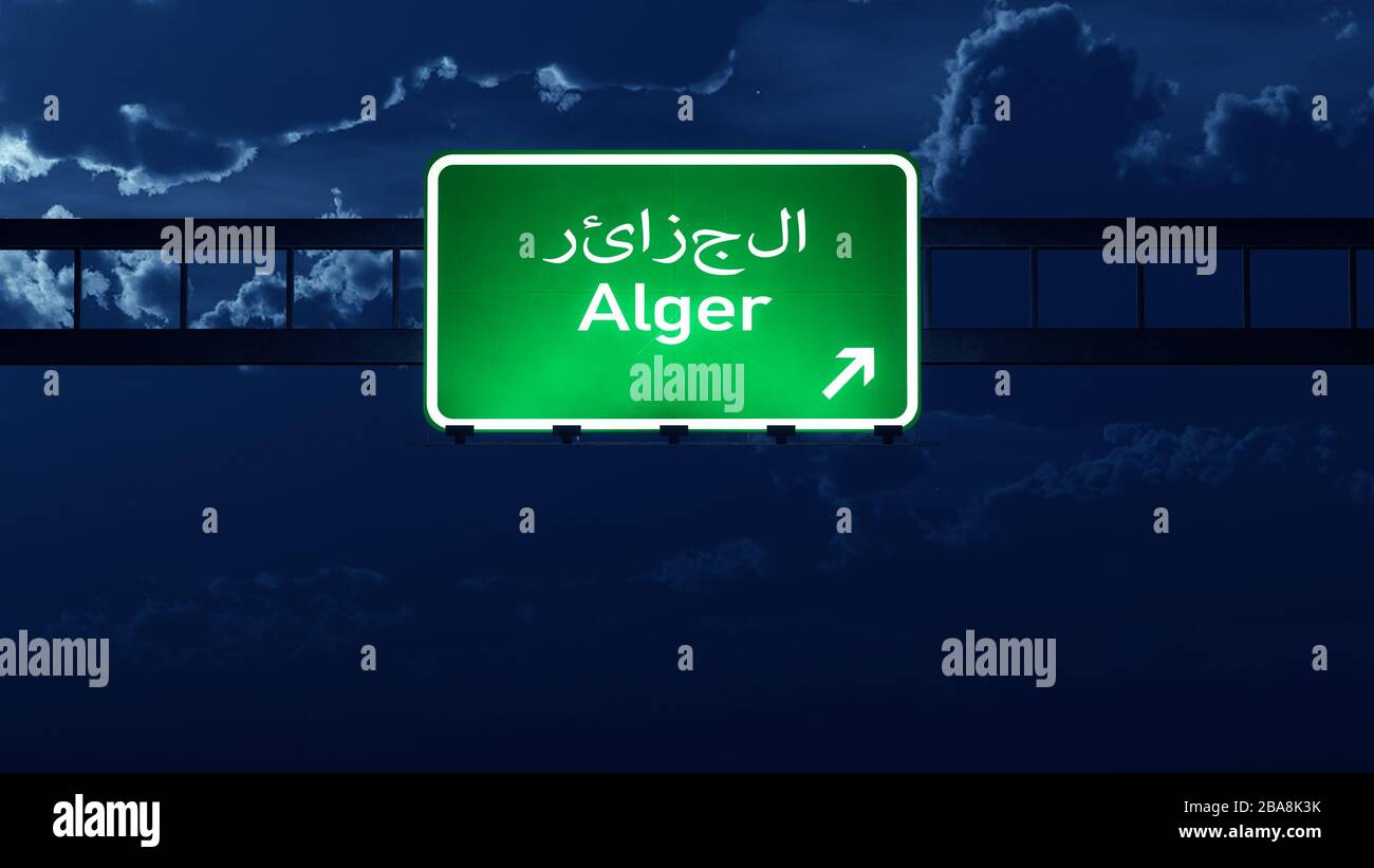 Alger Algerien Highway Road Sign at Night 3D Artwork Stockfoto