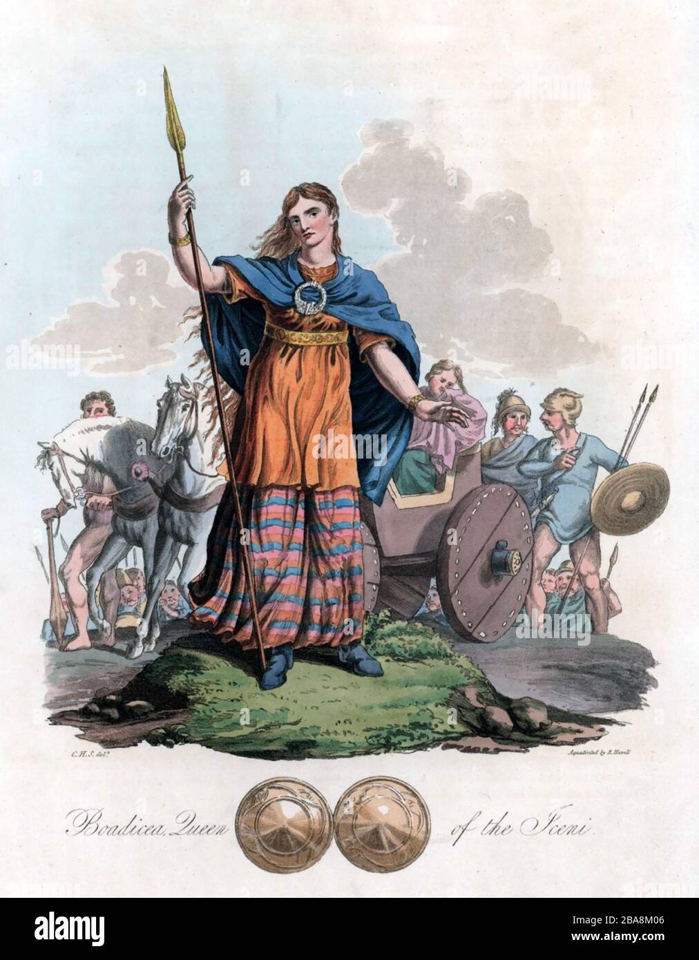 BOUDICA Königin des keltischen Iceni-Stammes, der einen Aufstand gegen die römische Besetzung eines Teils Englands um 60 n. Chr. anführte. Gravur aus "der Tracht der ursprünglichen Einwohner der britischen Inseln", die im Jahr 1815 veröffentlicht wurde. Stockfoto