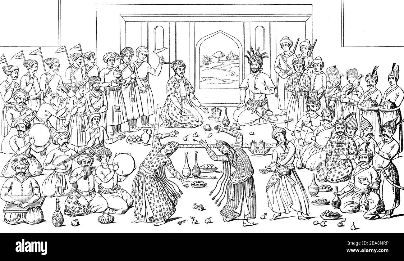 Shah Abbas, der große, empfängt den indischen Sultan Tamareb Omayum, gemalt im Palast von Isfahan, Abbas I., 27. Januar 1571 - 19. Januar 1629, war ein persischer Feldherr aus der Safawiden-Dynastie. Er regierte von 1587 bis 1629 als Schah von Persien/Schah Abbas der große empfängt den indischen Sultan Tamareb Omayum, Gemälde im Palast von Isfahan, Abbas I., 27. Januar 1571 - 19. Januar 1629, war ein persischer Herrscher aus der Dynastie der Safawiden. Er stieg von 1587 bis 1629 als Schah von Persien, historisch, digital verbesserte Wiedergabe eines Originals aus dem 19. Jahrhundert / Digitale Reproduktion Stockfoto