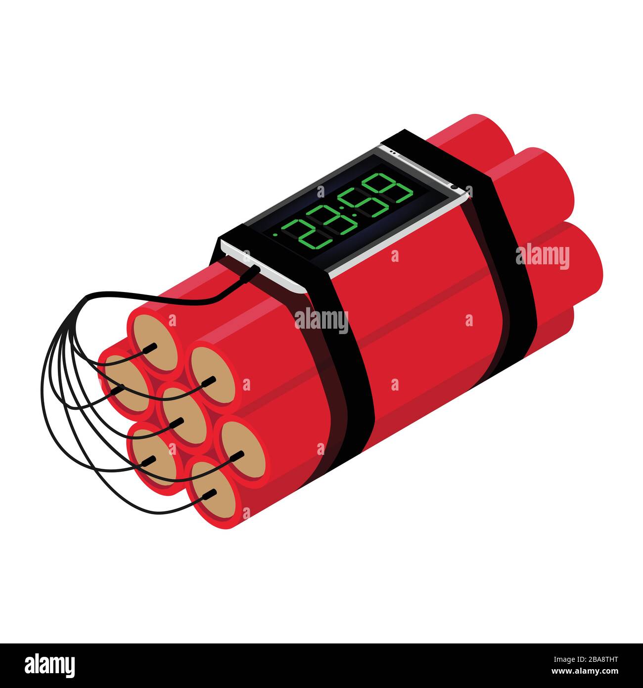 Realistische, detaillierte Isometric Red Detonate Dynamite Bomb Sticks und Timer Clock Smartphone isoliert auf weißem Hintergrund. Vektorgrafiken Stock Vektor