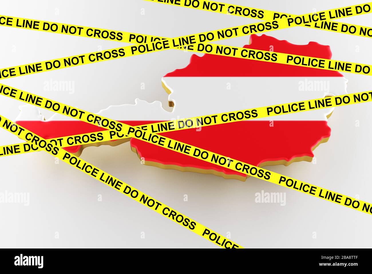 Kriminalitätskonzept Österreich, polizeiliche Ermittlungen. 3D-Karte von Österreich. Karte von Österreich Grenze mit Flagge. 3D-Rendering Stockfoto
