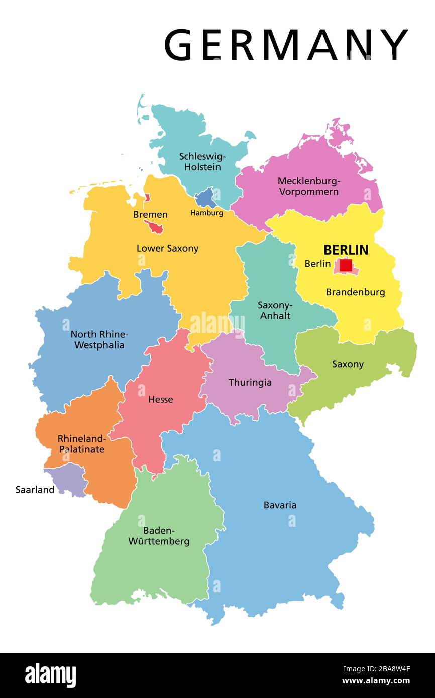 Politische Landkarte Deutschlands. Bunte Länder der Bundesrepublik Deutschland mit Hauptstadt Berlin und 16 teils souveränen Staaten. Europäisches Land. Stockfoto