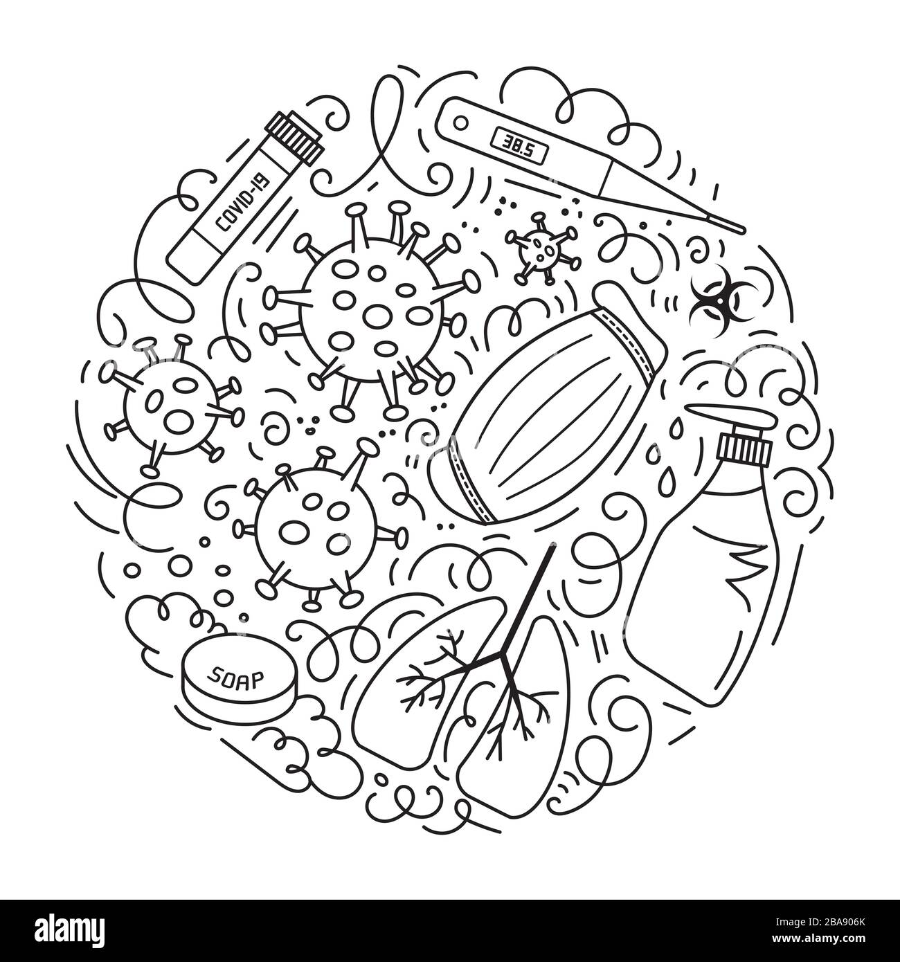 Roman Coronavirus 2019-nCoV Vector Doodles Illustration. Rundes Design mit handgezeichneten Elementen wie Quarantäneschild, Atemschutzmaske, Bluttest, Händedesinfektionsgel, Thermometer, Seife und mehr. Stock Vektor