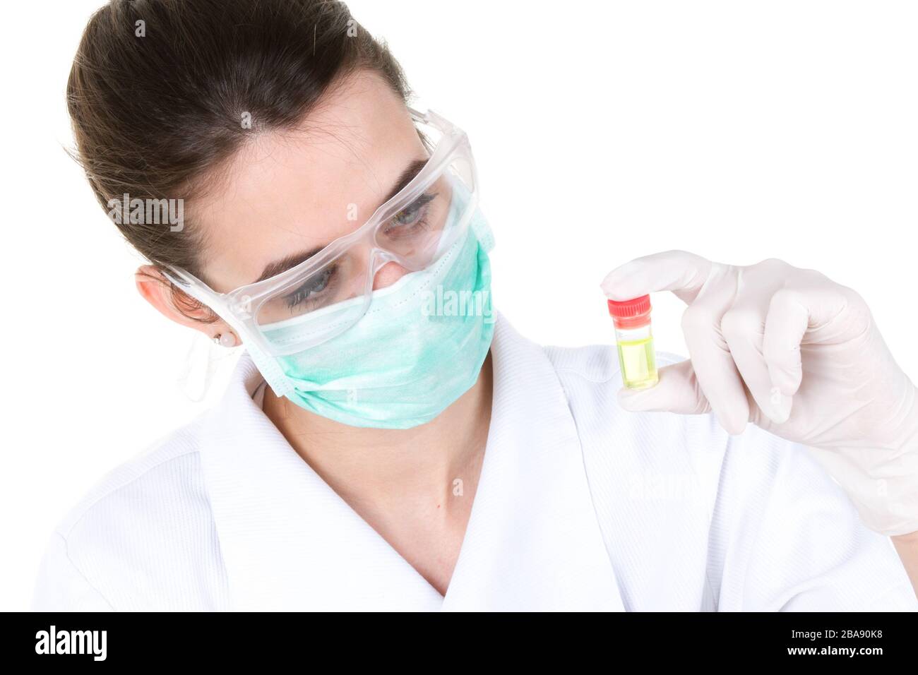 Wissenschaftler des Woman Doctor hält Reagenzglas mit Coronavirus Virus-Analyse-Medizin zur Bekämpfung der Kovid-19-Epidemie Stockfoto