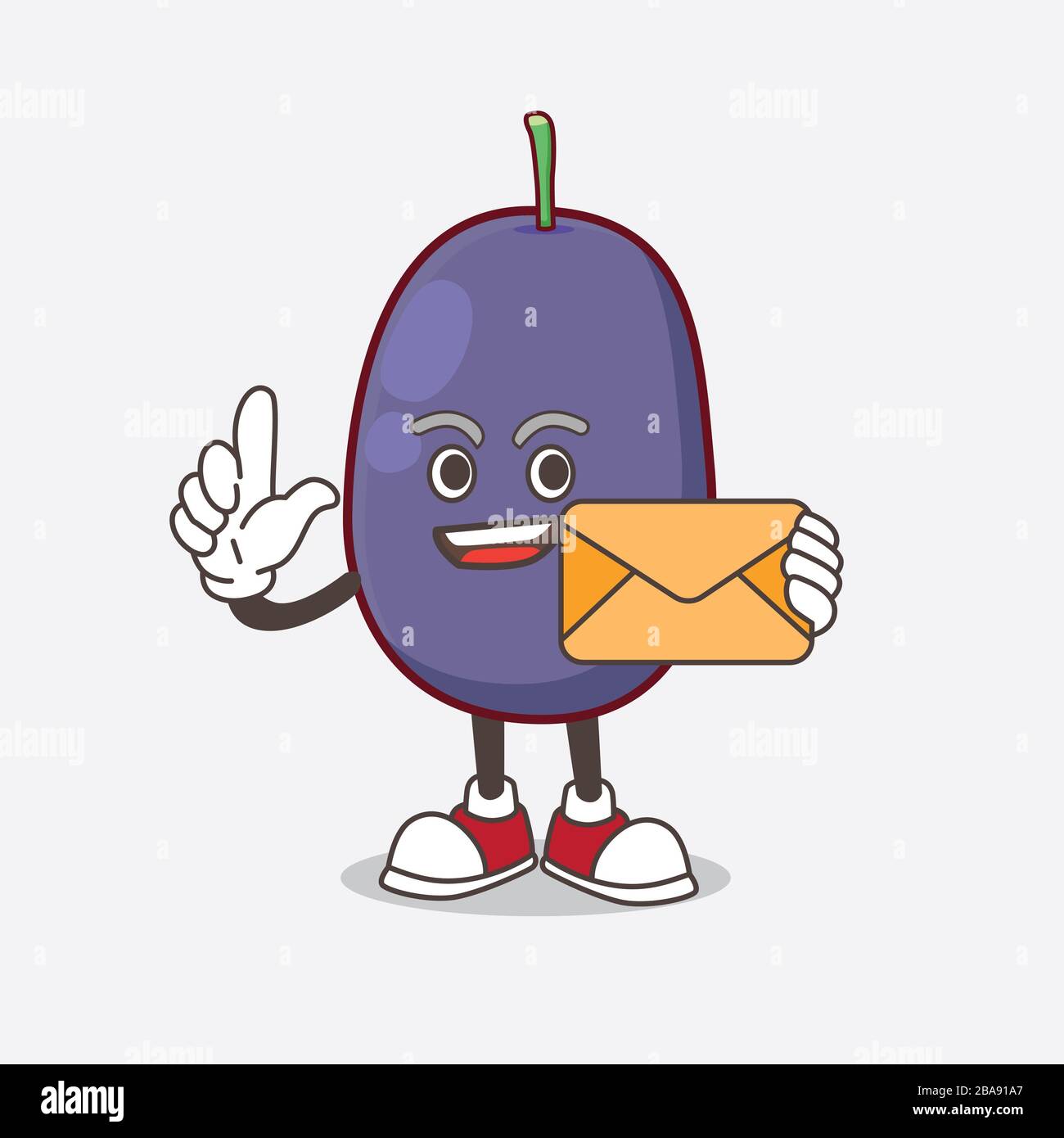 Ein Bild der Figur des Java Plum Cartoon-Maskottchens, das einen Umschlag hält Stockfoto