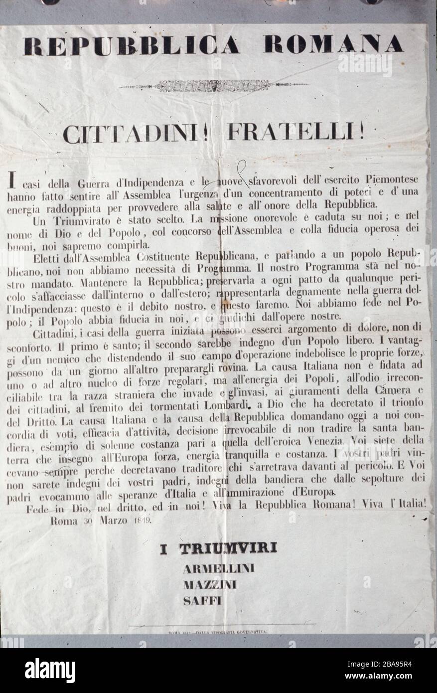 Gesetze Verordnungen und Rundschreiben der römischen republik, CLXXI Triumvirat Programm, Jahr 1849 Stockfoto