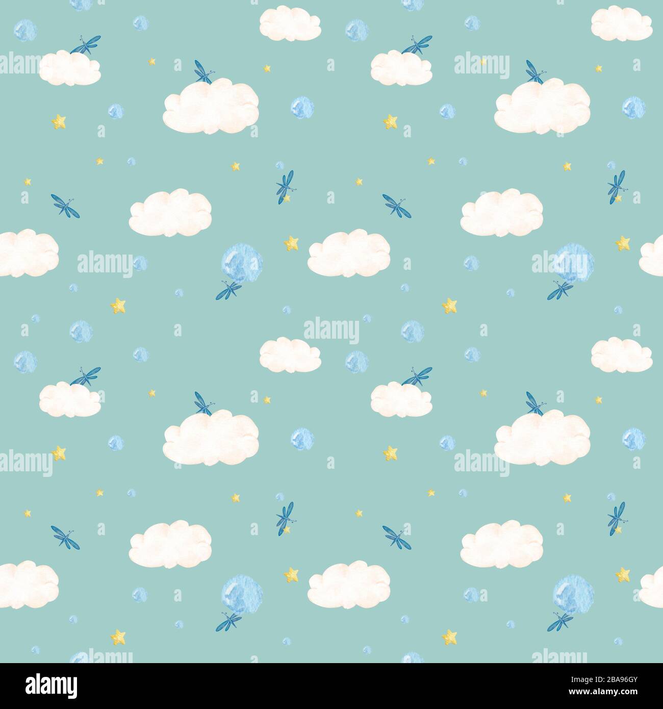 Nahtloses Muster mit Aquarellwolken und Schmetterlingen auf blauem Hintergrund Stockfoto