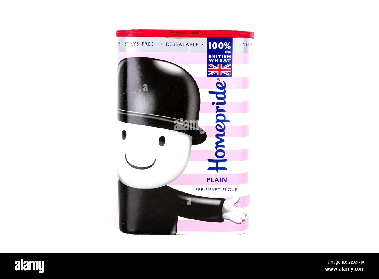 Homepride Normalmehl, Normalmehl, Homepride, Mehl, Mehl, Kiste mit Mehl, weißer Hintergrund, Kopierraum, isoliert, Produkt, Produkte, Artikel, gesiebt Stockfoto