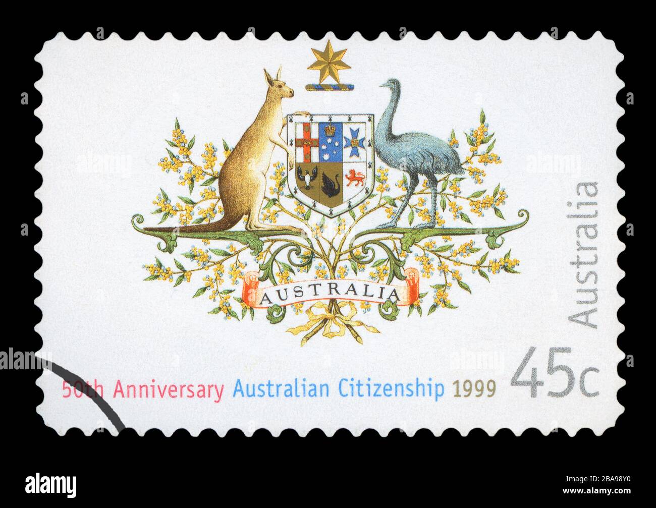 Australien - ca. 1999: Briefmarke in Australien gedruckt, gewidmet dem 50. Jahrestag der Staatsangehörigkeit und Staatsbürgerschaft Handeln, zeigt den Zustand des Embl Stockfoto