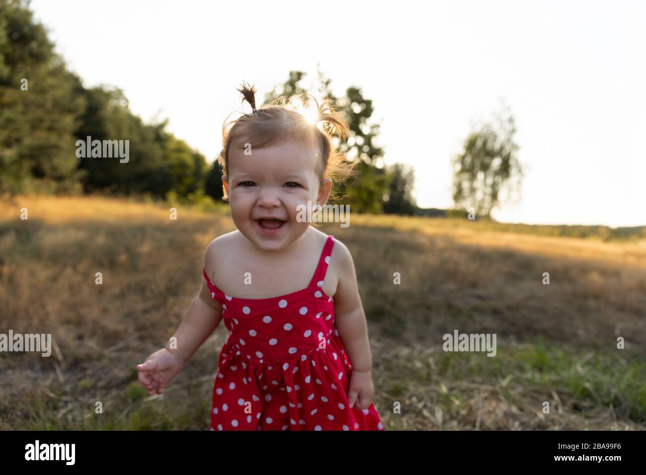 Kleines Mädchen spielt in der Natur. Baby Mädchen haben Spaß im Park und laufen barfuß auf dem grünen Gras. Lustige und unbeschwerte Kindheit. Stockfoto