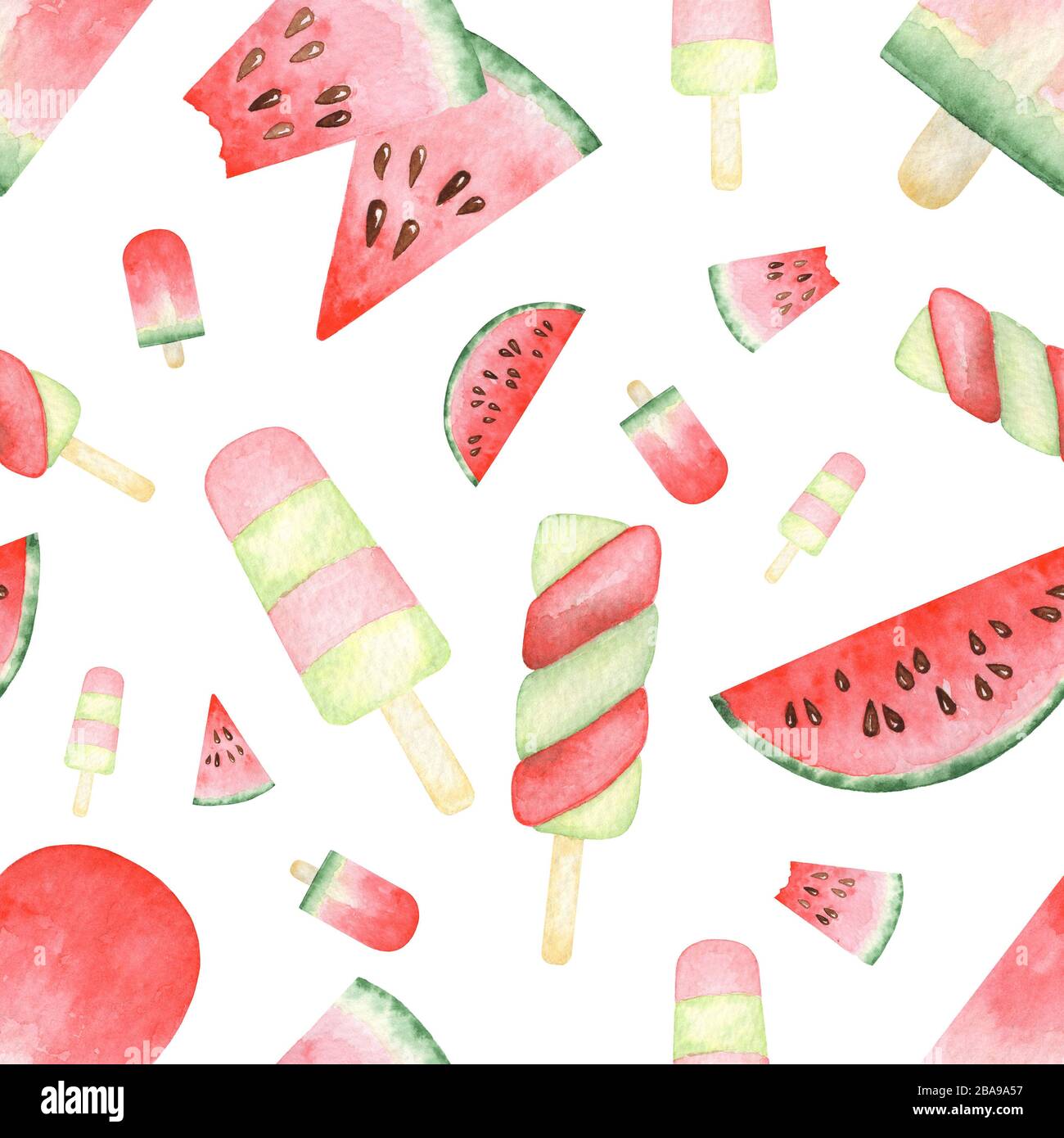 Nahtloses Muster von Watercolor Set mit Wassermelonenscheiben und Popskeln. Handgezeichnete Rasterdarstellung Stockfoto