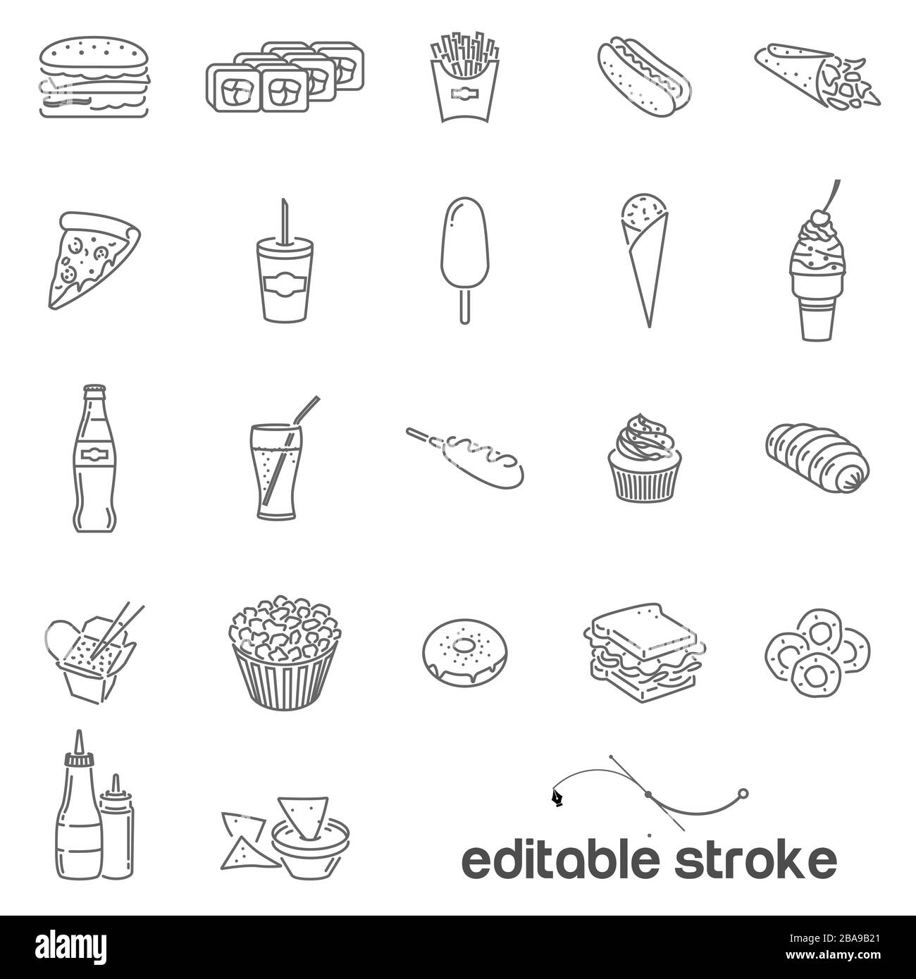 Ikonen zum Thema fast Food und falsche Lebensmittel. Eis, Brötchen, Cheesebrenner und Burger, Soßen mit Pommes frites, Limonade, Nachos Pommes, Cupcakes und W Stock Vektor