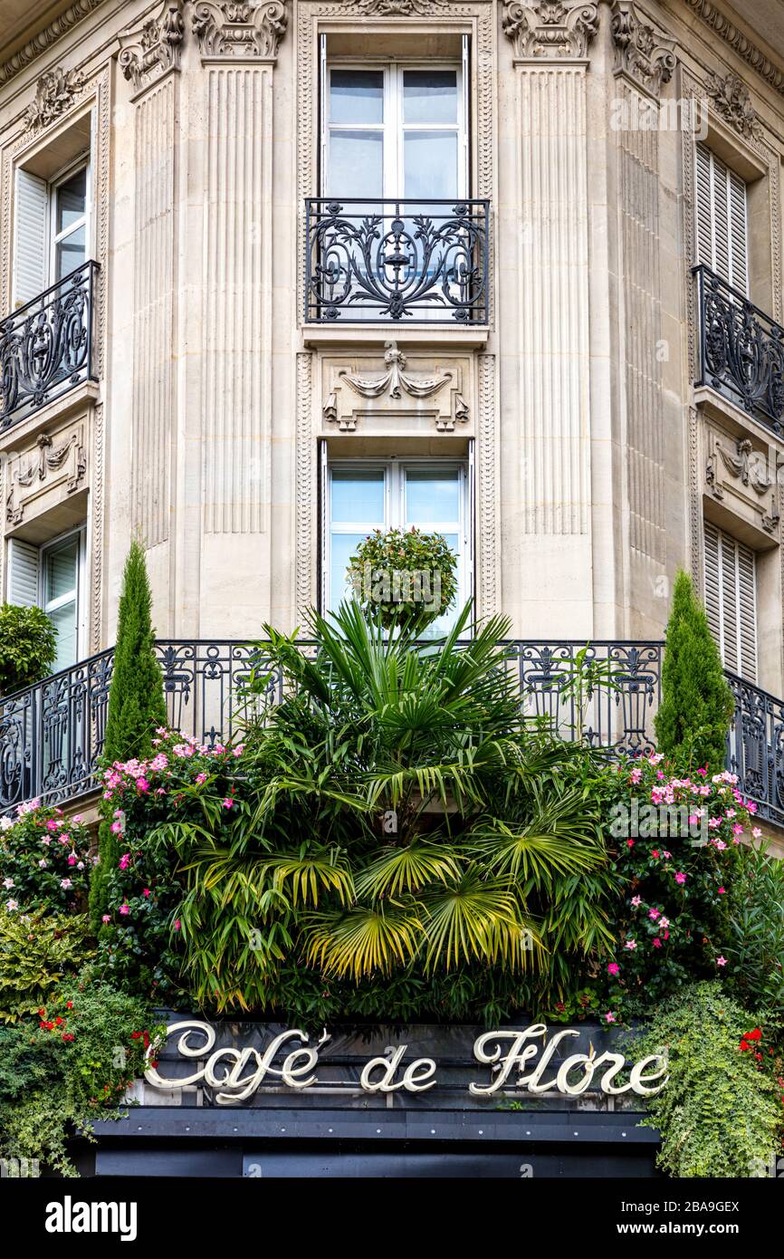 Blumen und Grün über dem berühmten Café de Flore, St. Germain-des-Pres, Paris, Frankreich Stockfoto