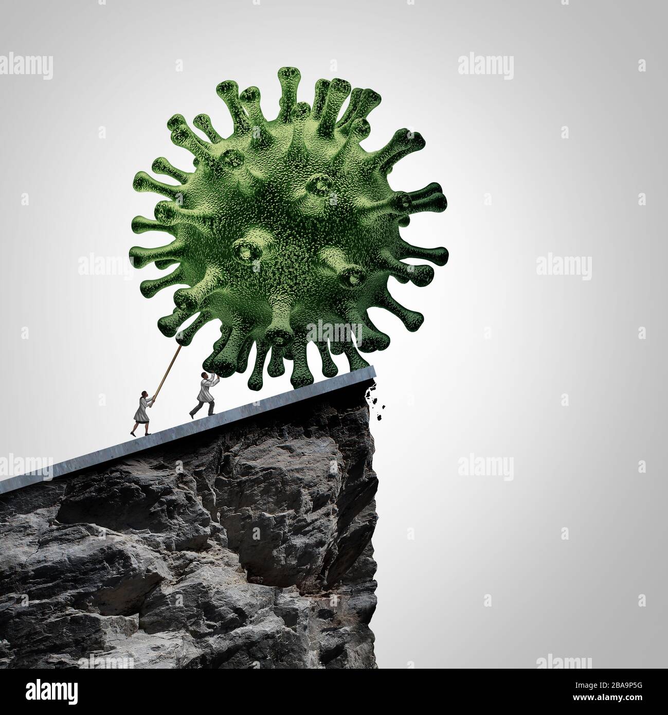 Virusforschung und Pathologie medizinisches Konzept als Gruppe von Forscherärzten, die eine 3D-Abbildung einer Krankheitszelle über eine Klippe schieben. Stockfoto