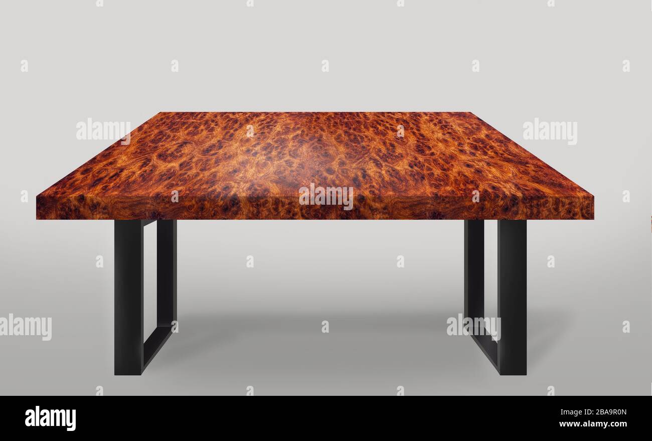 Tisch moderner Stil aus Amboyna Burl Holzbeinen aus Stahl auf bodengrauem Hintergrund Stockfoto
