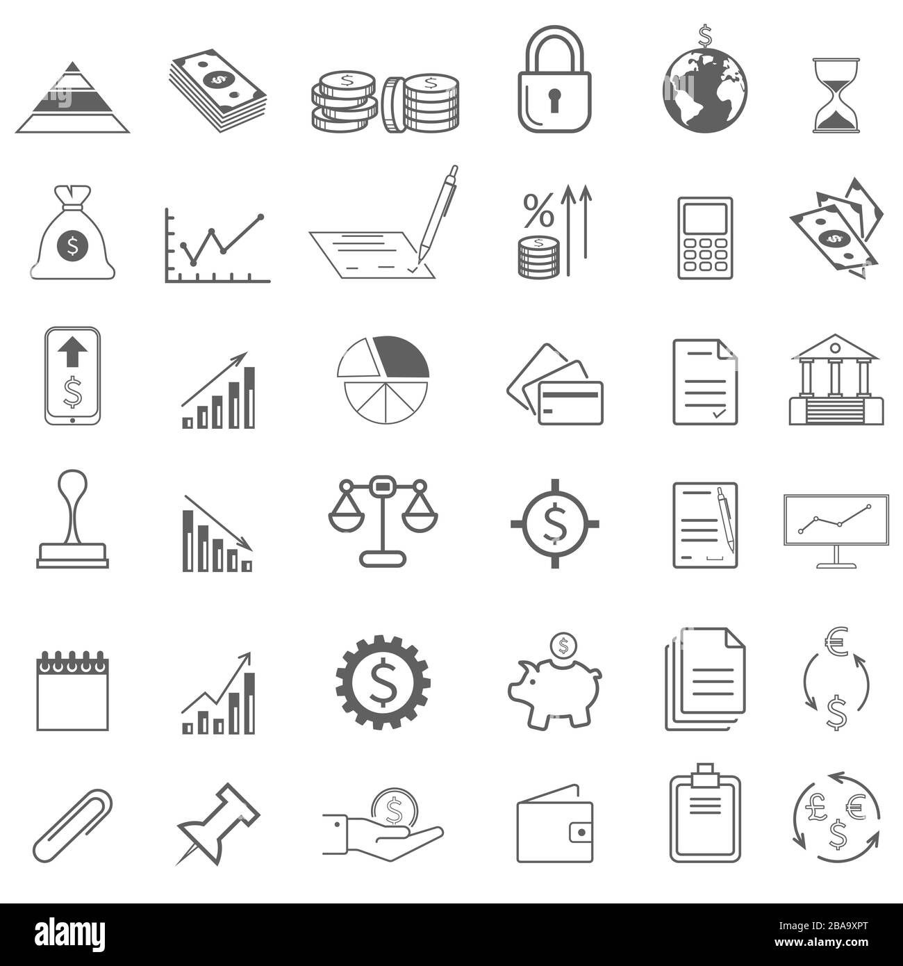 Symbole für Wirtschaft und Finanzen. Gewinn- und Ertragscharts.Piggy Bank, Dollar, Buchhaltung und Zinsen. Investitionen Stock Vektor