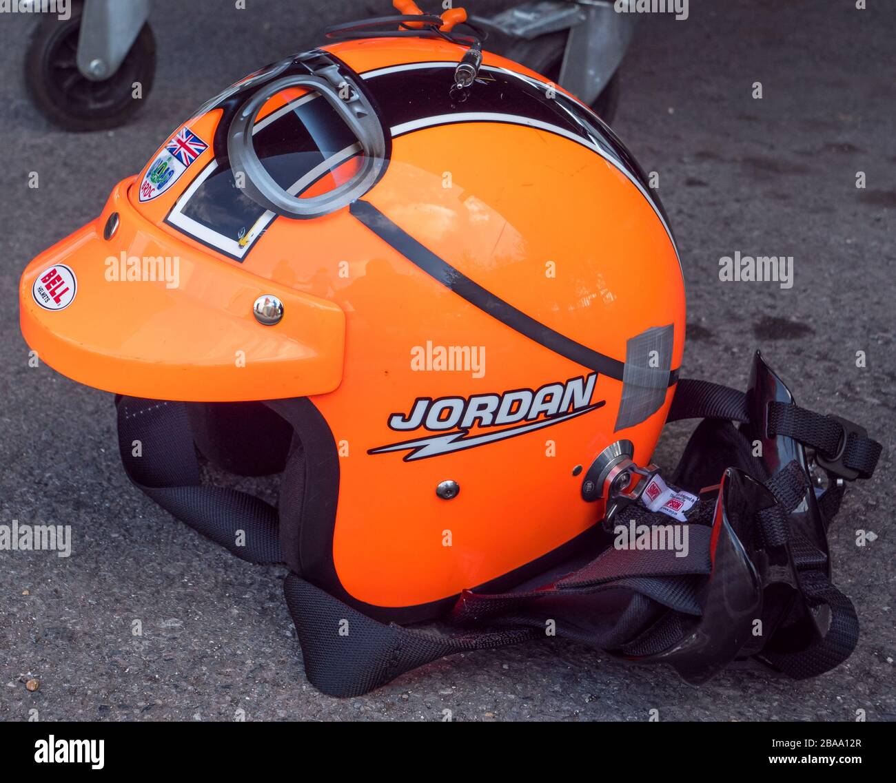 Rennfahrer Mike Jordans Auto Crashhelm, Goodwood West Sussex UK Stockfoto