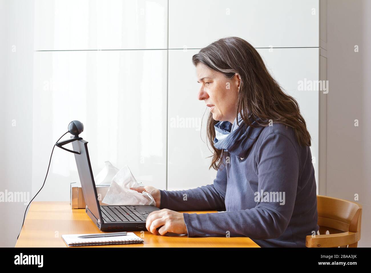 Online-Beratung: Frau mit Erkältung ruft ihren Arzt auf einem Laptop per Video-Link an. Stockfoto